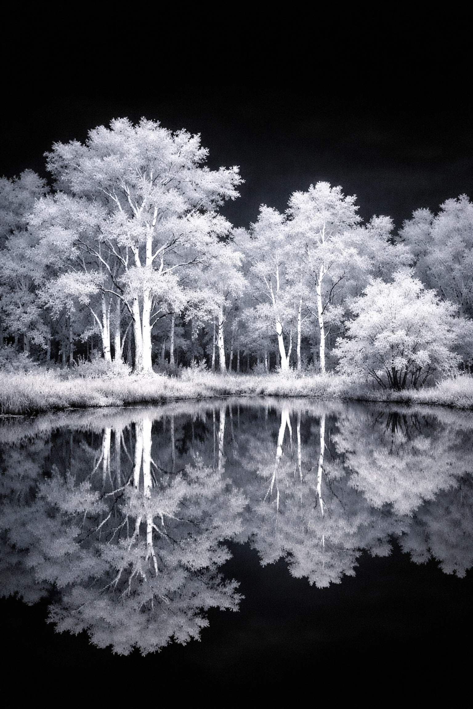 Enigmatic infrared camera technology capturing white trees and a dark sky landscape.