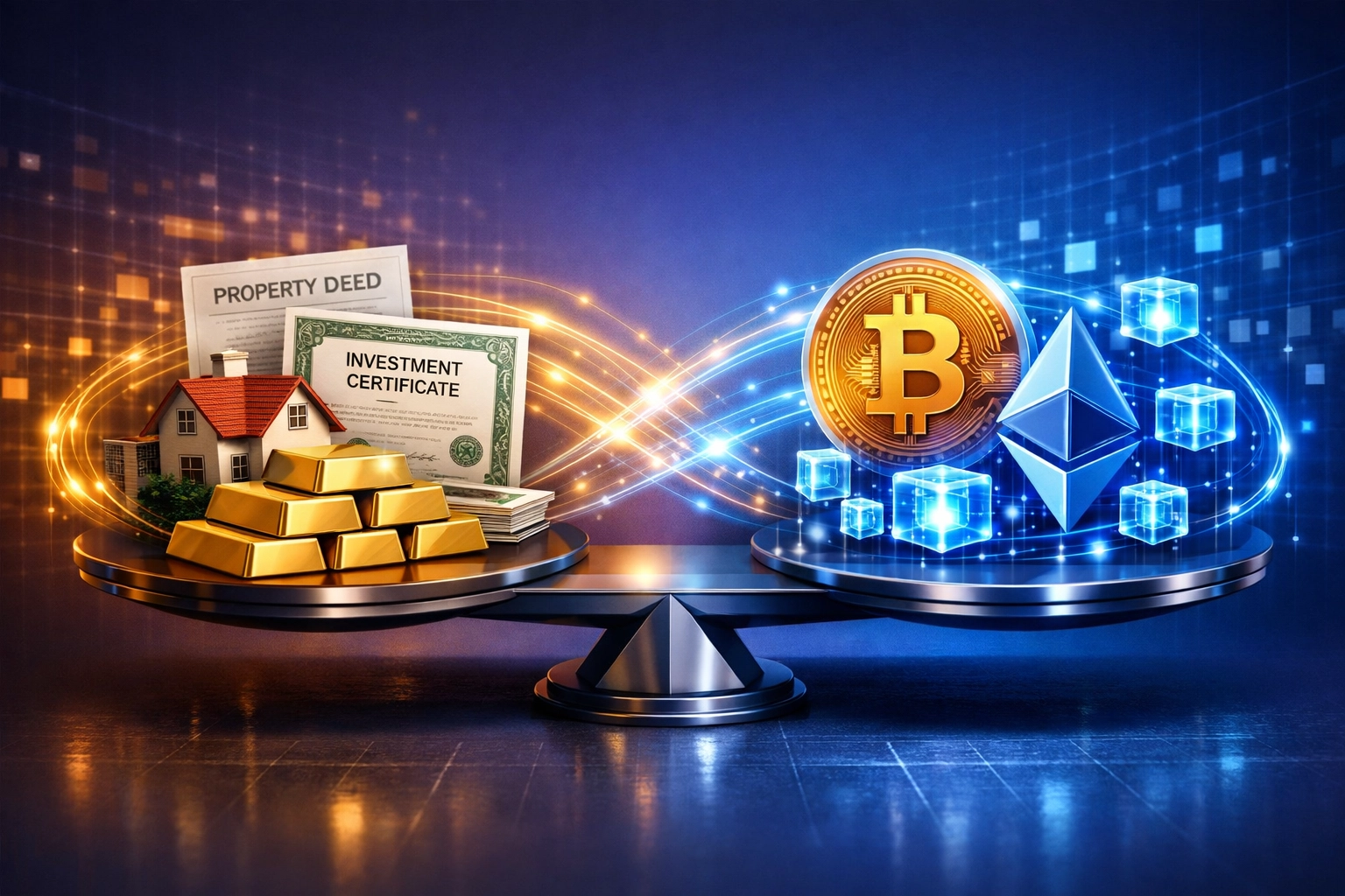 Traditional assets and digital crypto investments balanced in portfolio strategy