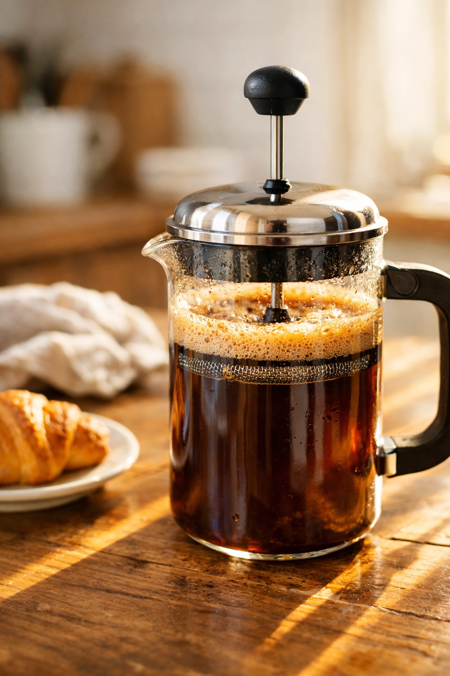Freshly brewed coffee in a glass French press being plunged in a warm, sunny kitchen.