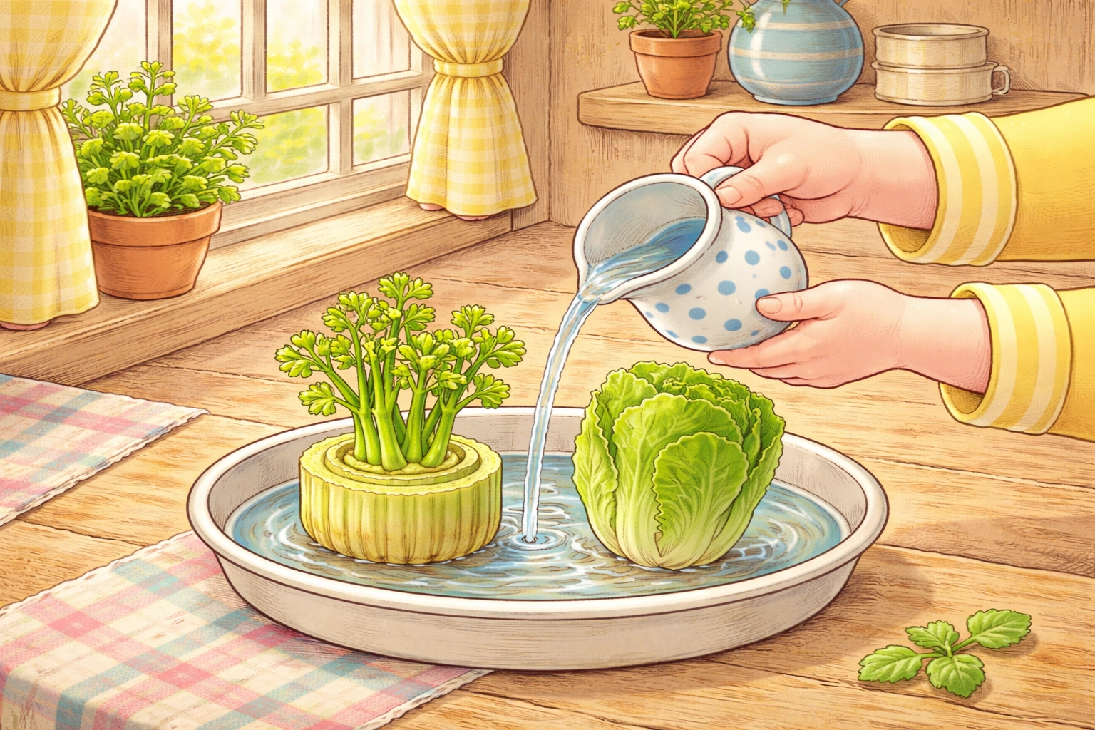 Hands of a child watering celery base and lettuce heart in a dish, showing how to regrow vegetables from scraps