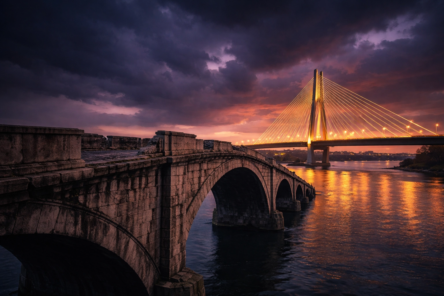 A weathered old bridge contrasts with a modern illuminated bridge, representing the shift from 60/40 to 40/30/30 investing.