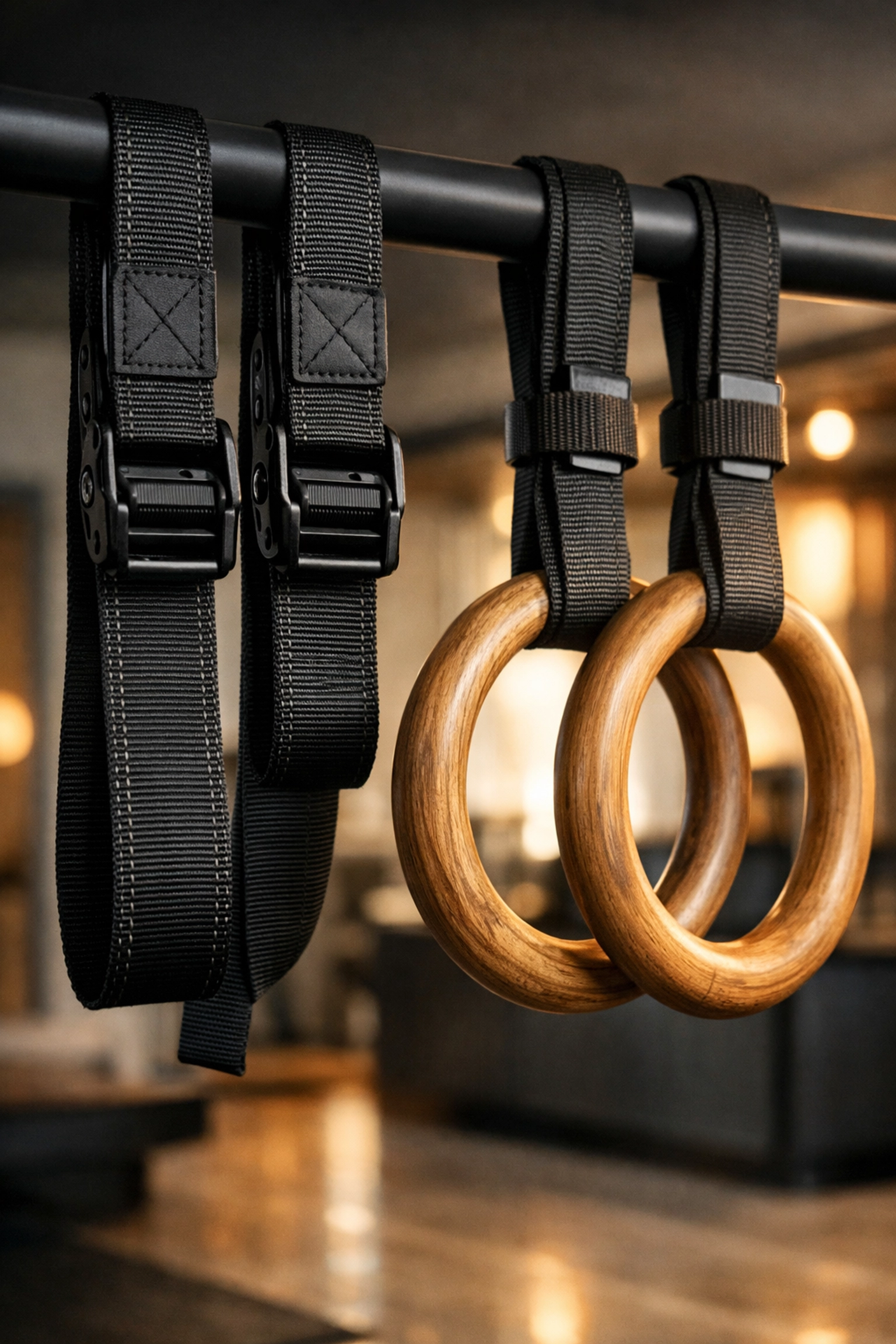 Wooden gymnastic rings and fitness straps attached to a floor to ceiling home gym rail system.