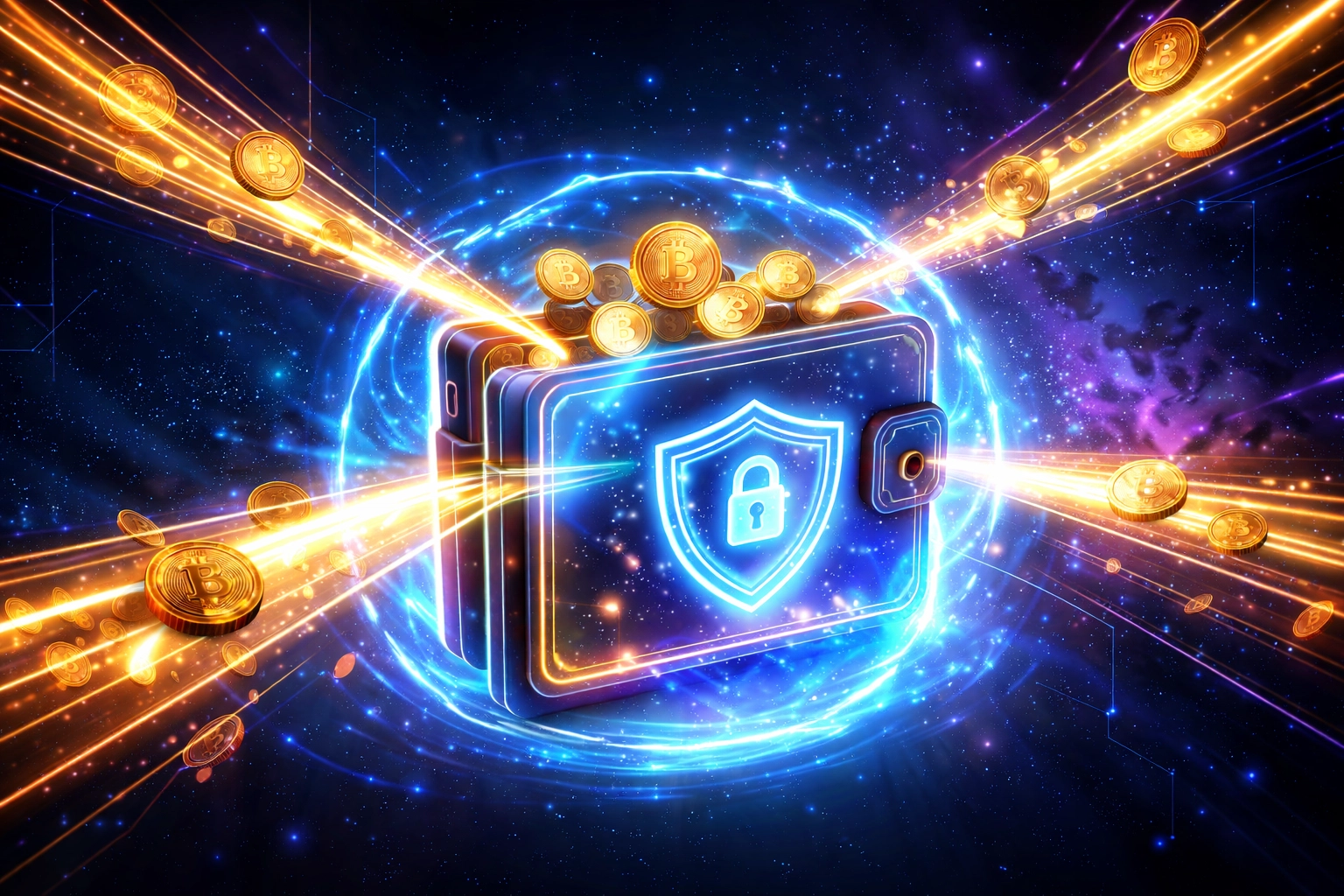 A digital wallet surrounded by crypto coins highlights Larecoin self-custody and secure Web3 payments.