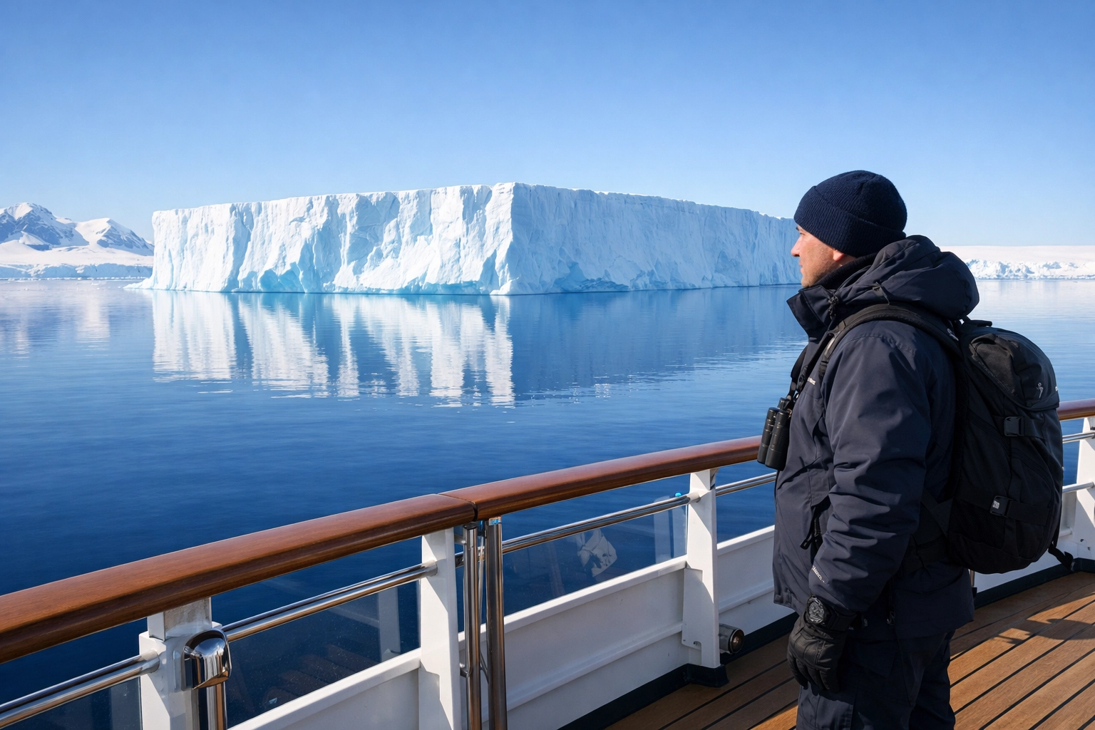 Traveler on a luxury expedition ship gazing at a massive blue iceberg in Antarctica's Weddell Sea.