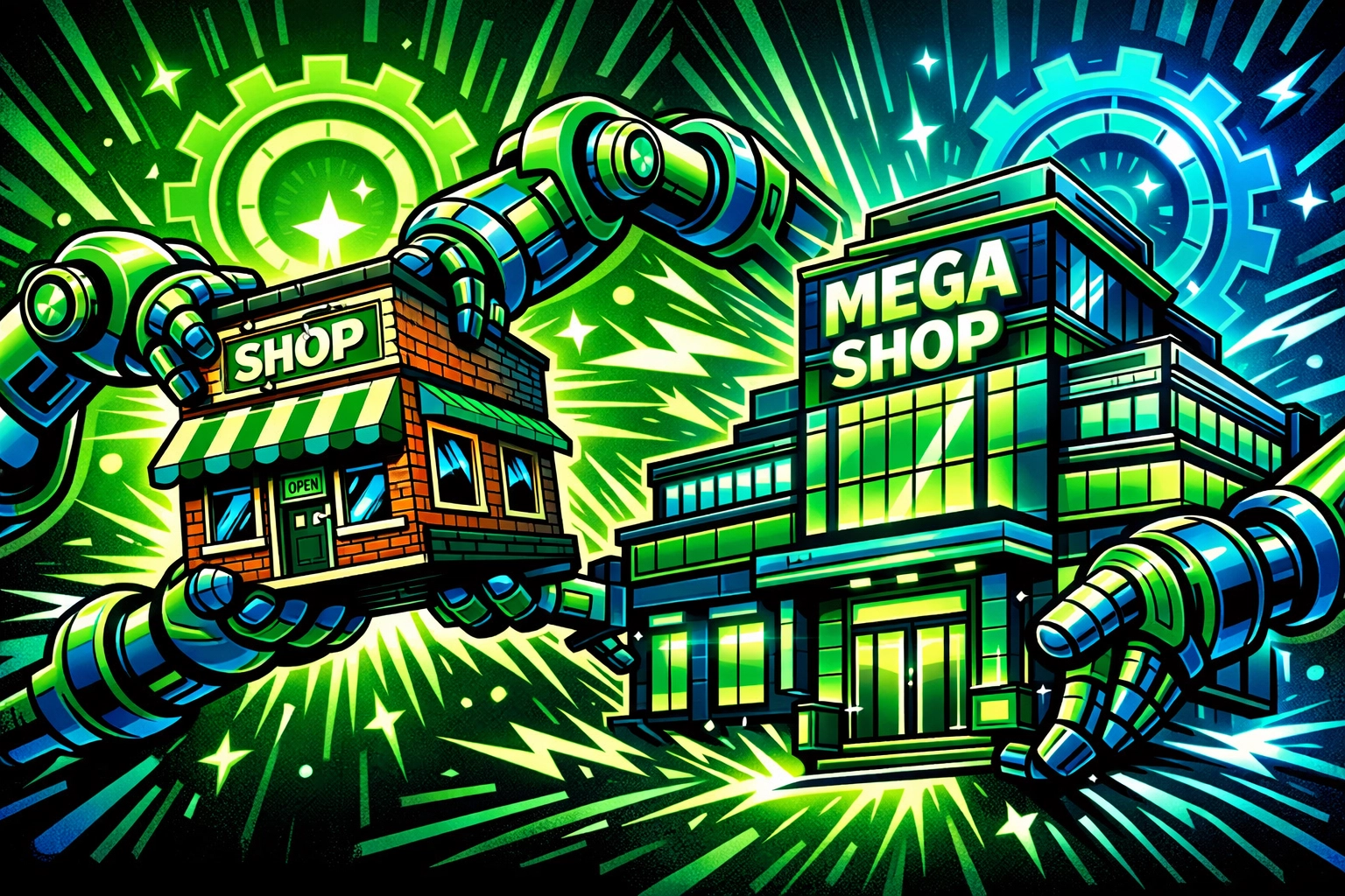 Mechanical arms lifting and building a shop to illustrate scaling a small business with automation.