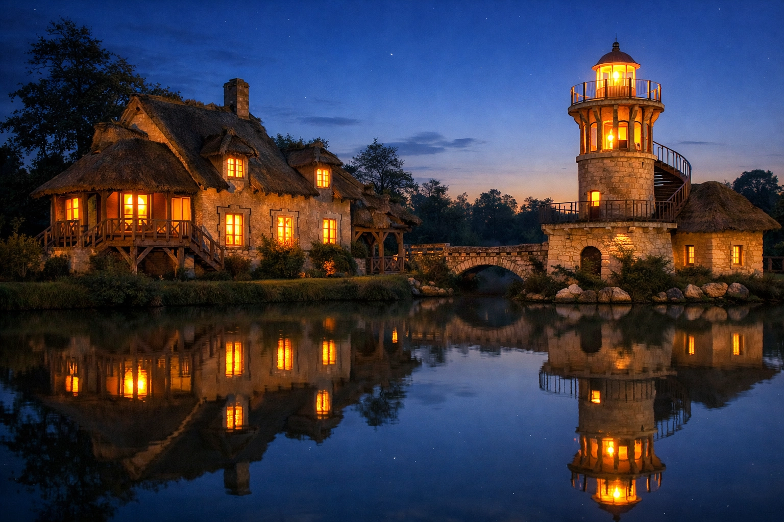 Twilight view of the Queen's Hamlet, among the best photography locations for rustic fairytale shots.