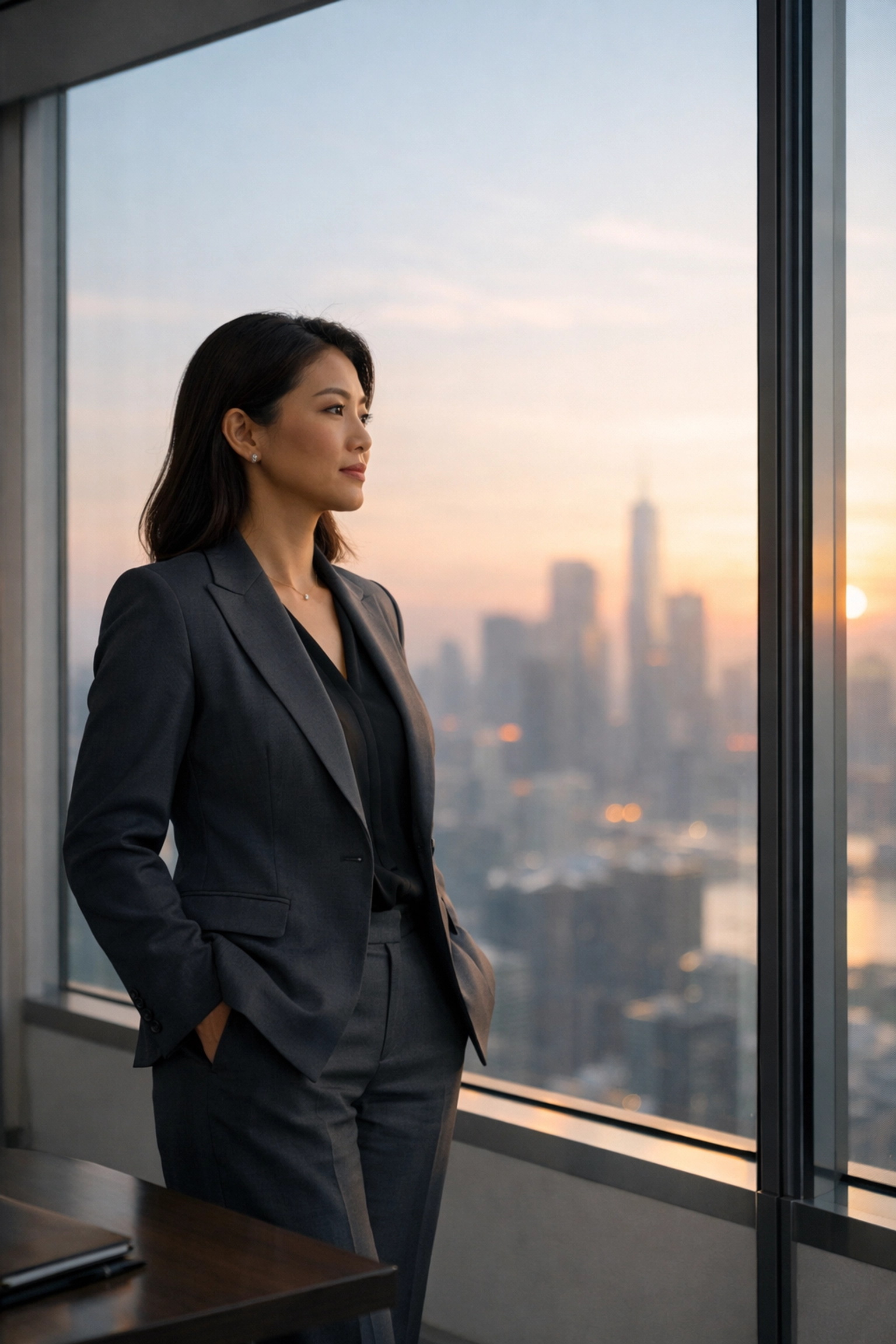 A calm Asian female executive visualizing success in a modern corporate office at sunrise.
