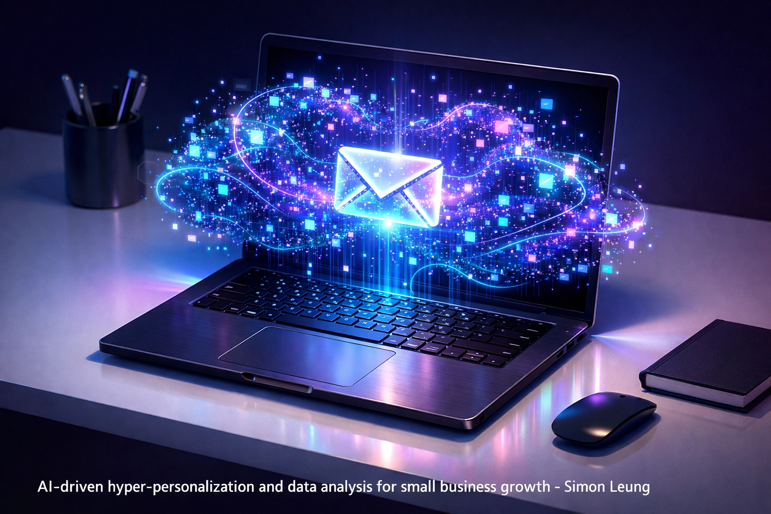 Laptop screen displaying a personalized digital message created through AI data analysis by Simon Leung.