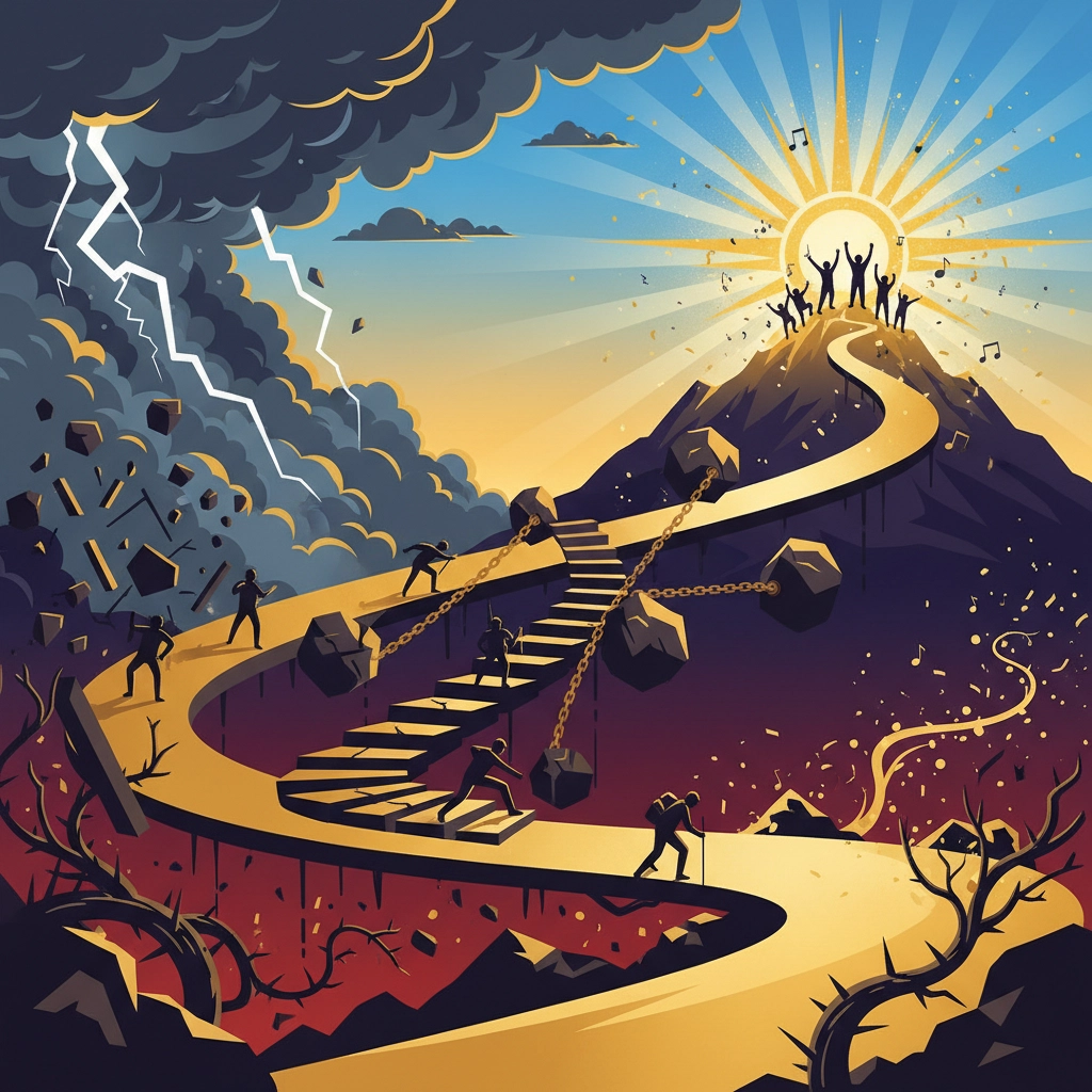 A vibrant illustration depicts a journey to success, with figures struggling up a steep, winding path. The road features obstacles like chains and boulders amidst dark storm clouds and lightning. At the peak, a group celebrates under a radiant sunrise, symbolizing triumph and hope after overcoming challenges.


