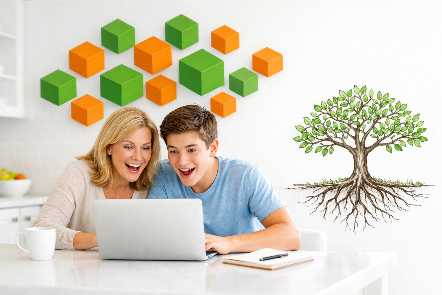 Mother and teenage son learning together on the Complete Life Skills Platform at home.