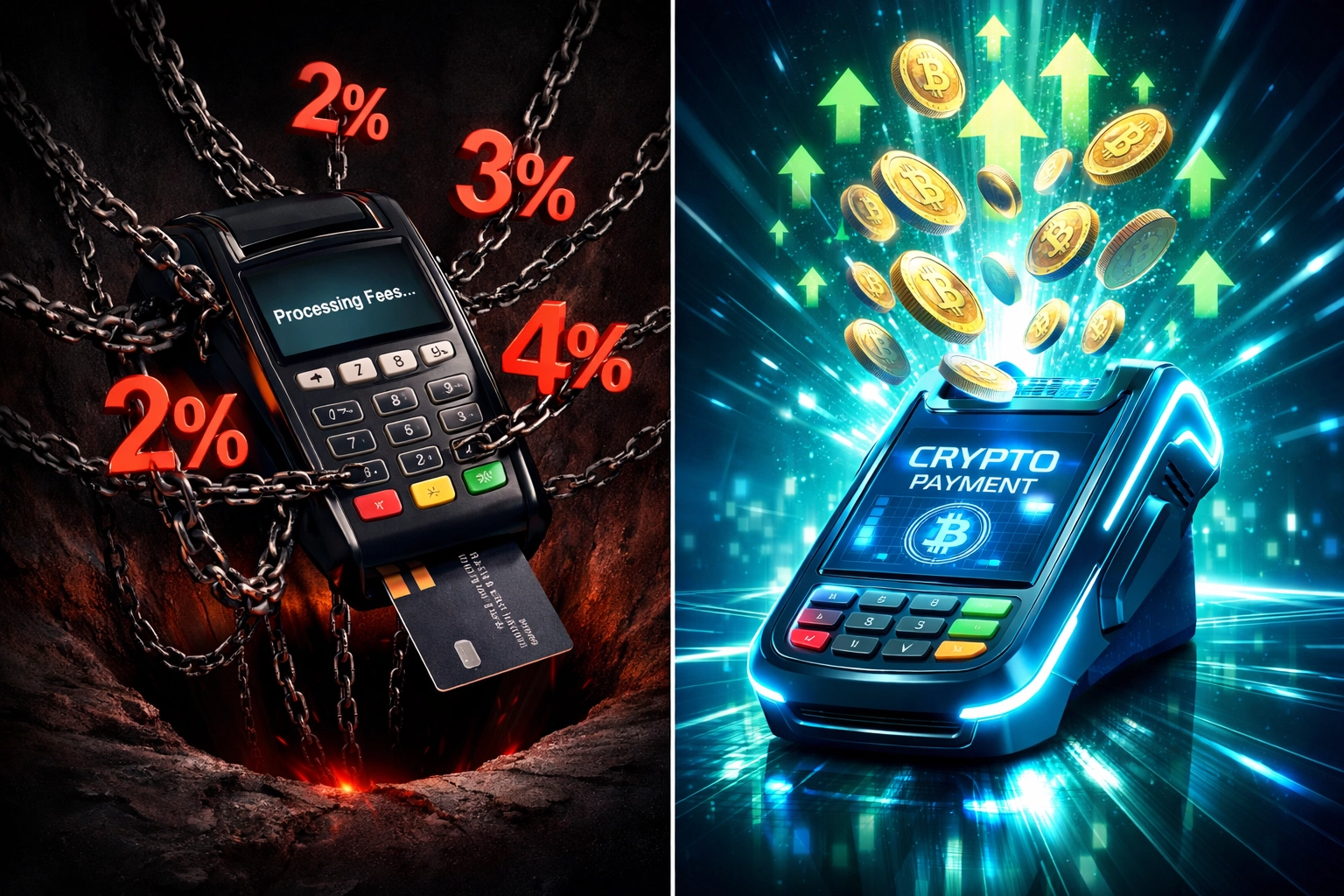 Traditional credit card fees vs crypto POS fees comparison showing 50%+ savings