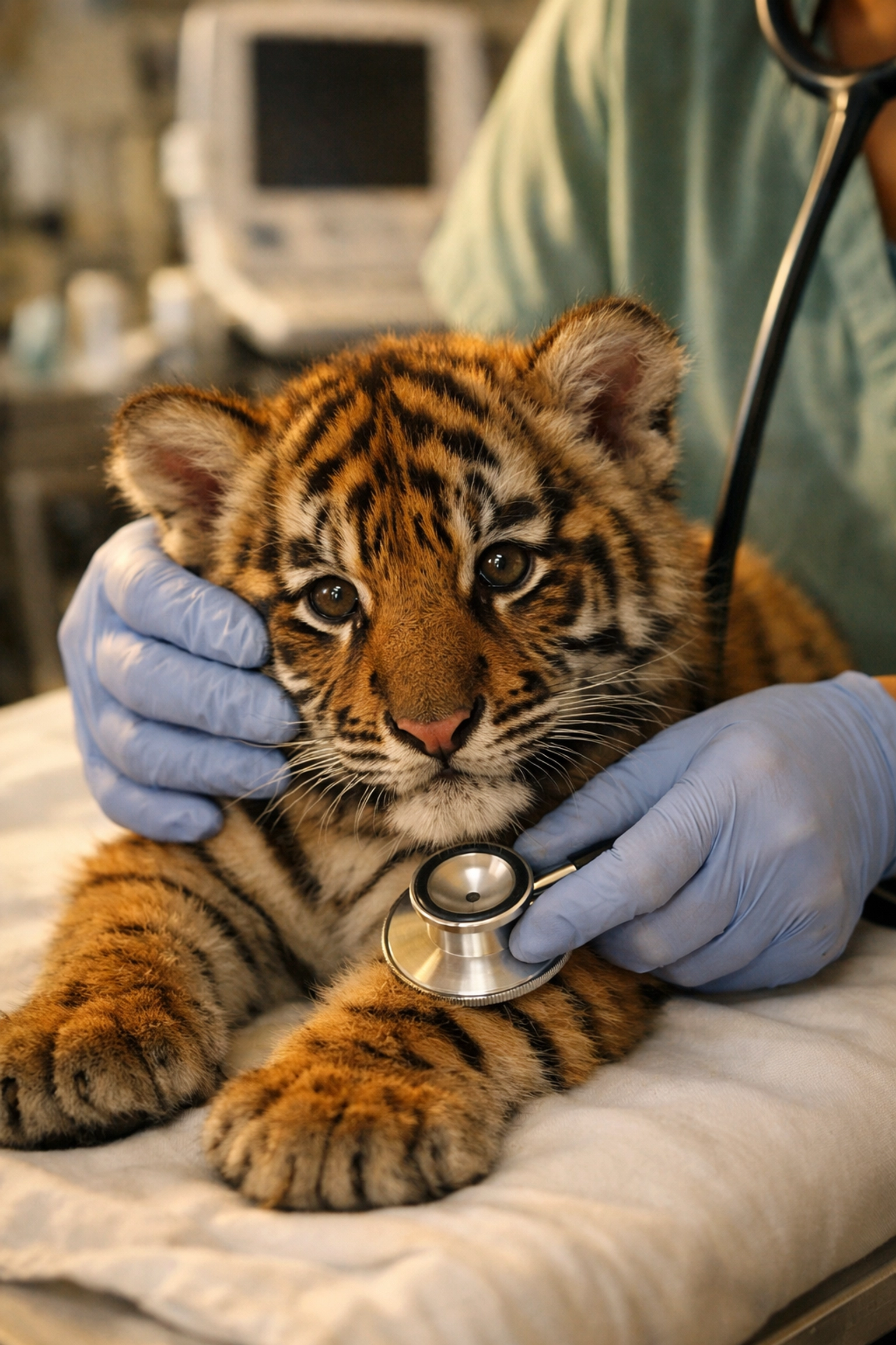 Veterinarian examining Sumatran tiger cub showing conservation work and animal welfare at zoo