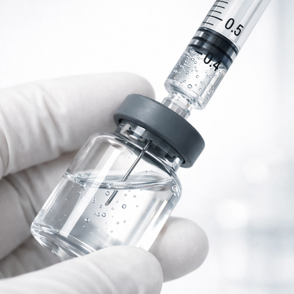 A sterile syringe drawing clear liquid from a peptide vial during the reconstitution process.