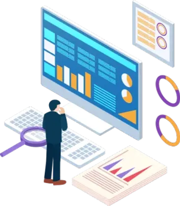 A technician analyzes digital dashboards displaying network performance metrics and security charts, representing 24/7 monitoring.