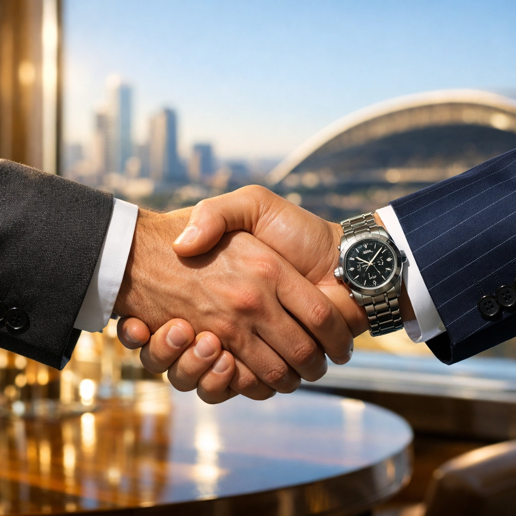 Two executives shaking hands to finalize a 7-figure deal during a Super Bowl networking event.