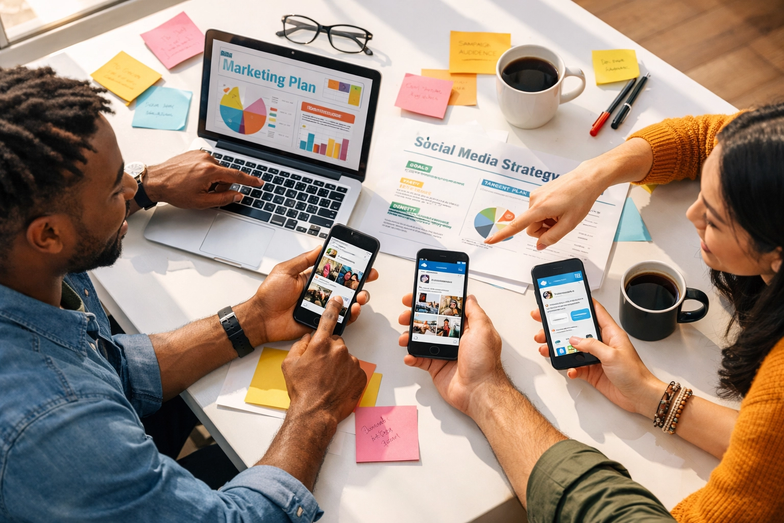 Marketing team collaborating on integrated social media and paid advertising strategy