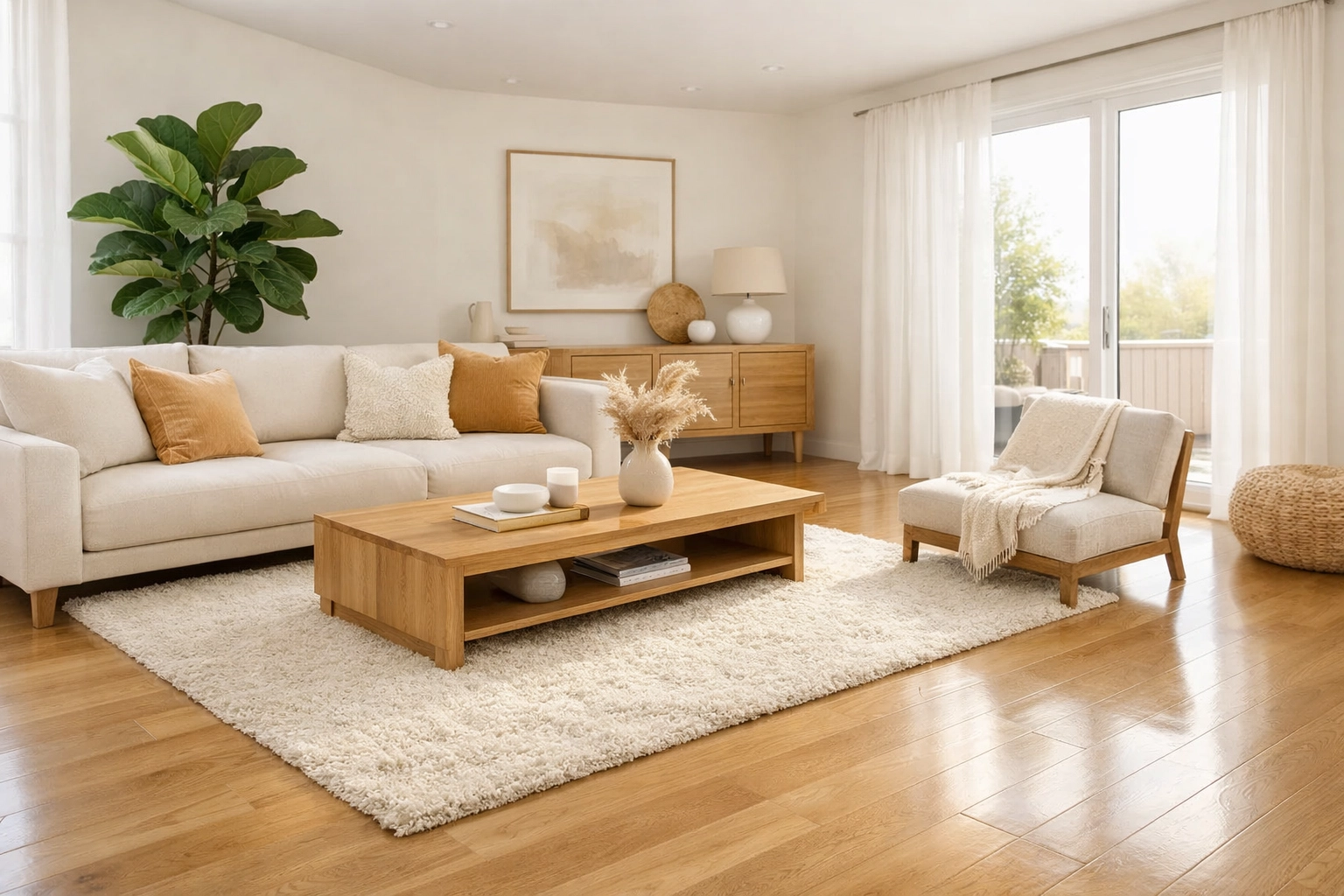 A clean, minimalist living room with polished floors showing the result of weekly cleaning services in Greenville SC.
