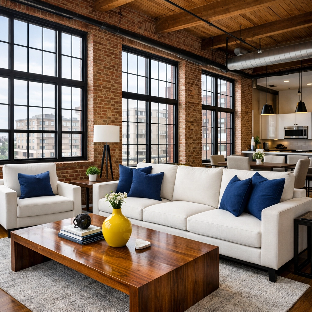Sunlit modern industrial loft in Worcester showcasing professional residential cleaning results.