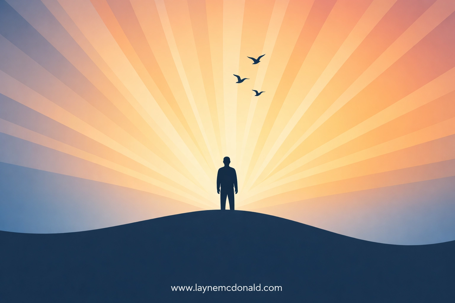 Person standing in radiating light with soaring birds representing freedom and joy from a healed heart.