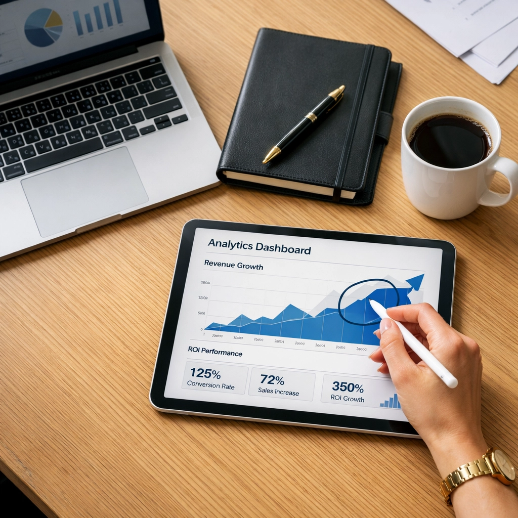 Professional ROI analysis for ServiceNow consulting services showing growth trends on a tablet in a boardroom.