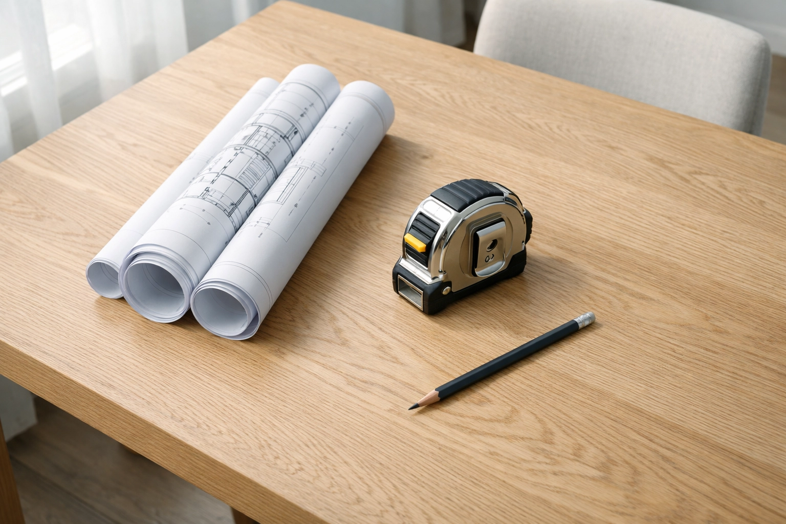 Planning home renovations in Red Deer with blueprints and a measuring tape on a wooden table.