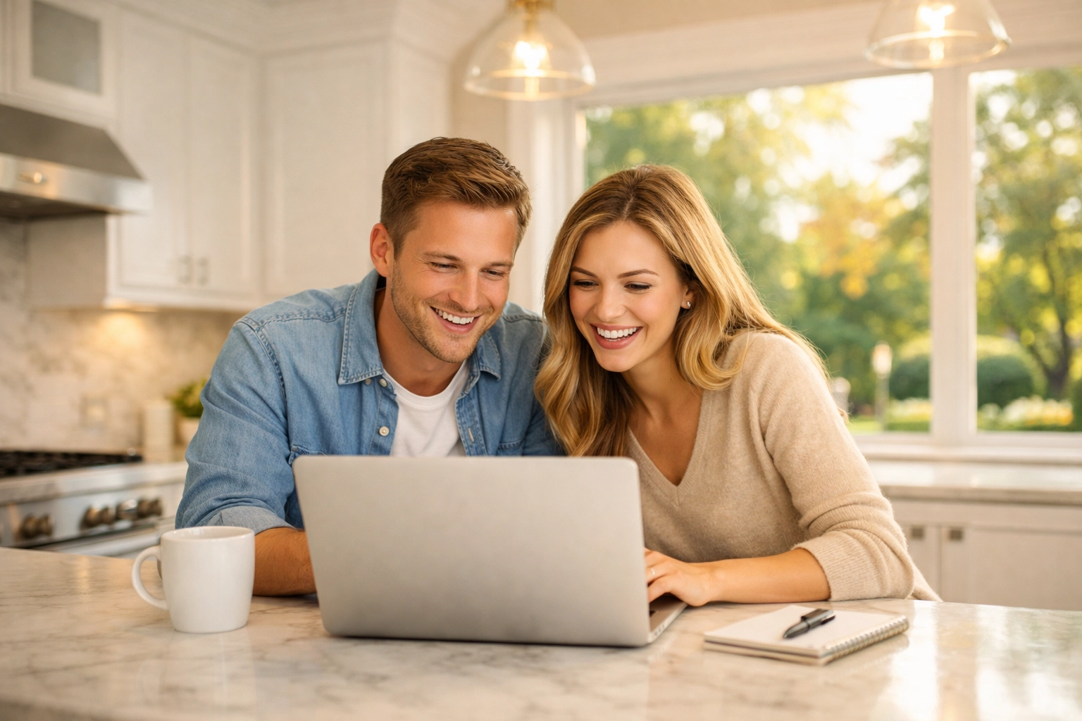 First-time home buyers in a North Shore Chicago kitchen planning their budget on a laptop.
