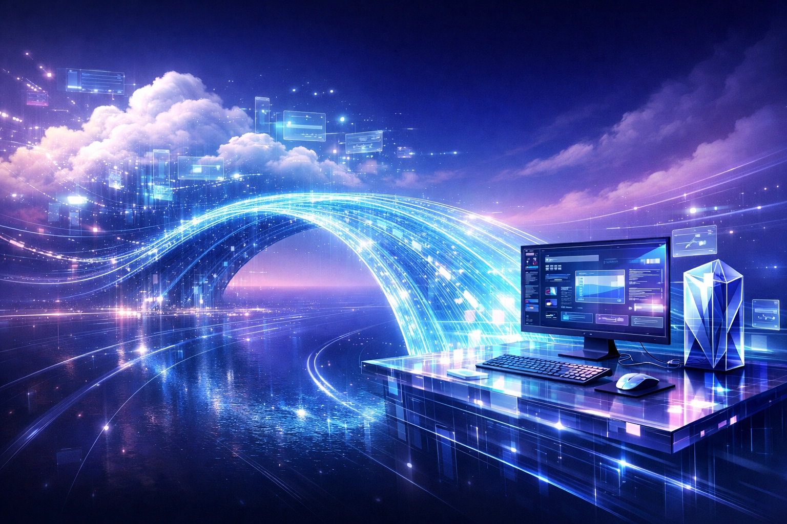 Conceptual bridge between cloud systems and desktop software illustrating a hybrid web app or desktop app strategy.