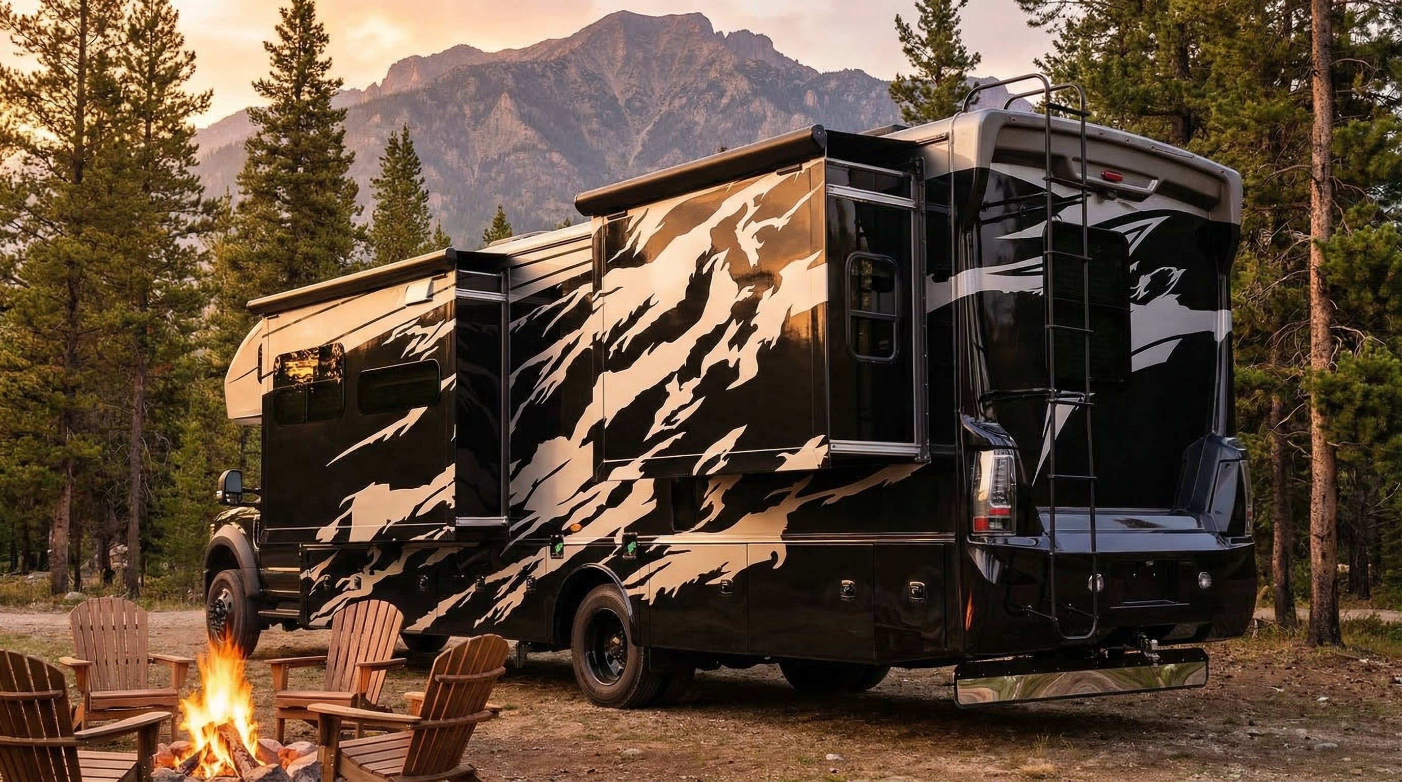 Super C motorhome at a campsite during golden hour, representing the peace of mind that comes with secured fuel.