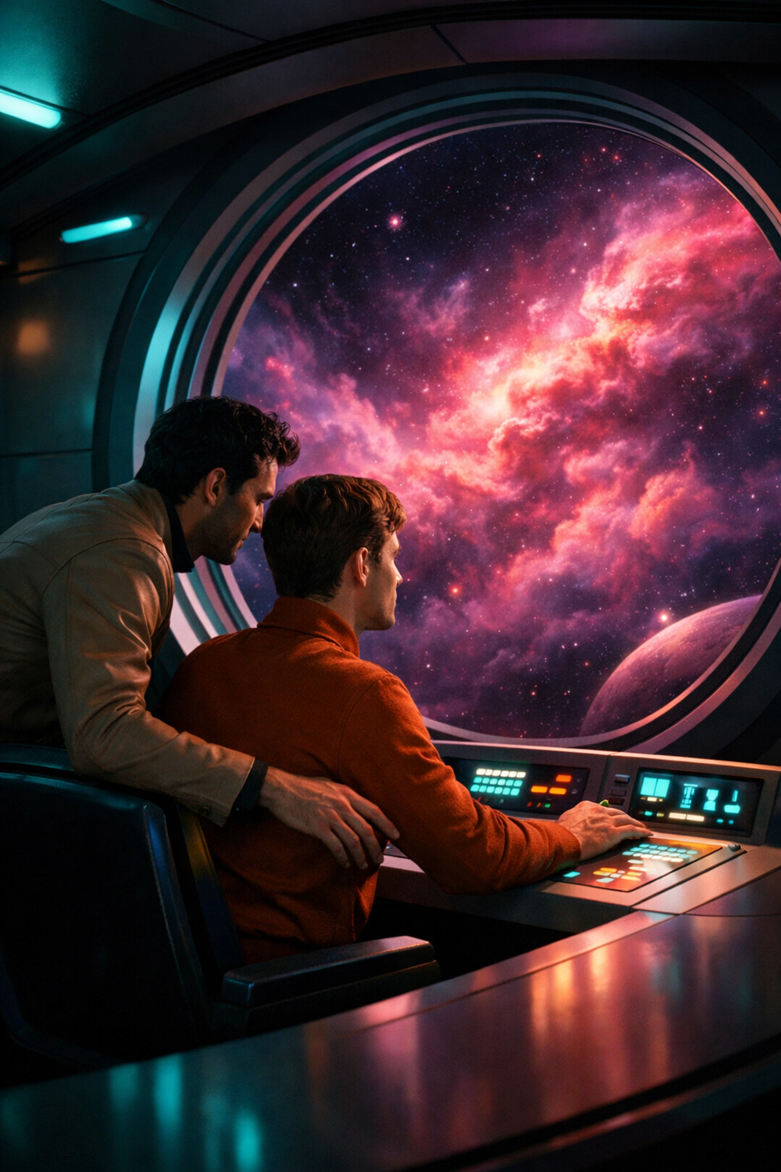 Two men on a retro-futuristic spaceship bridge gazing at a nebula, representing queer sci-fi history.