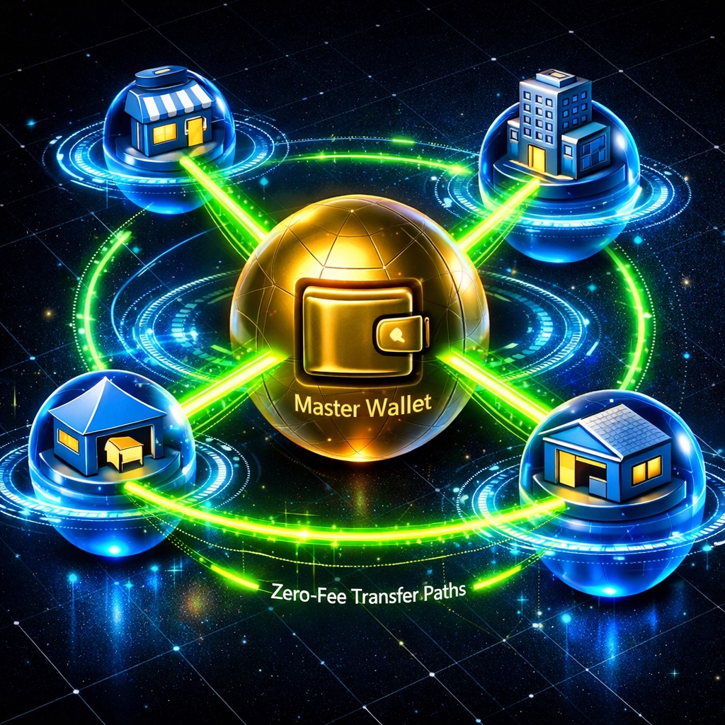 Master wallet connected to multiple sub-wallets for multi-location business payments