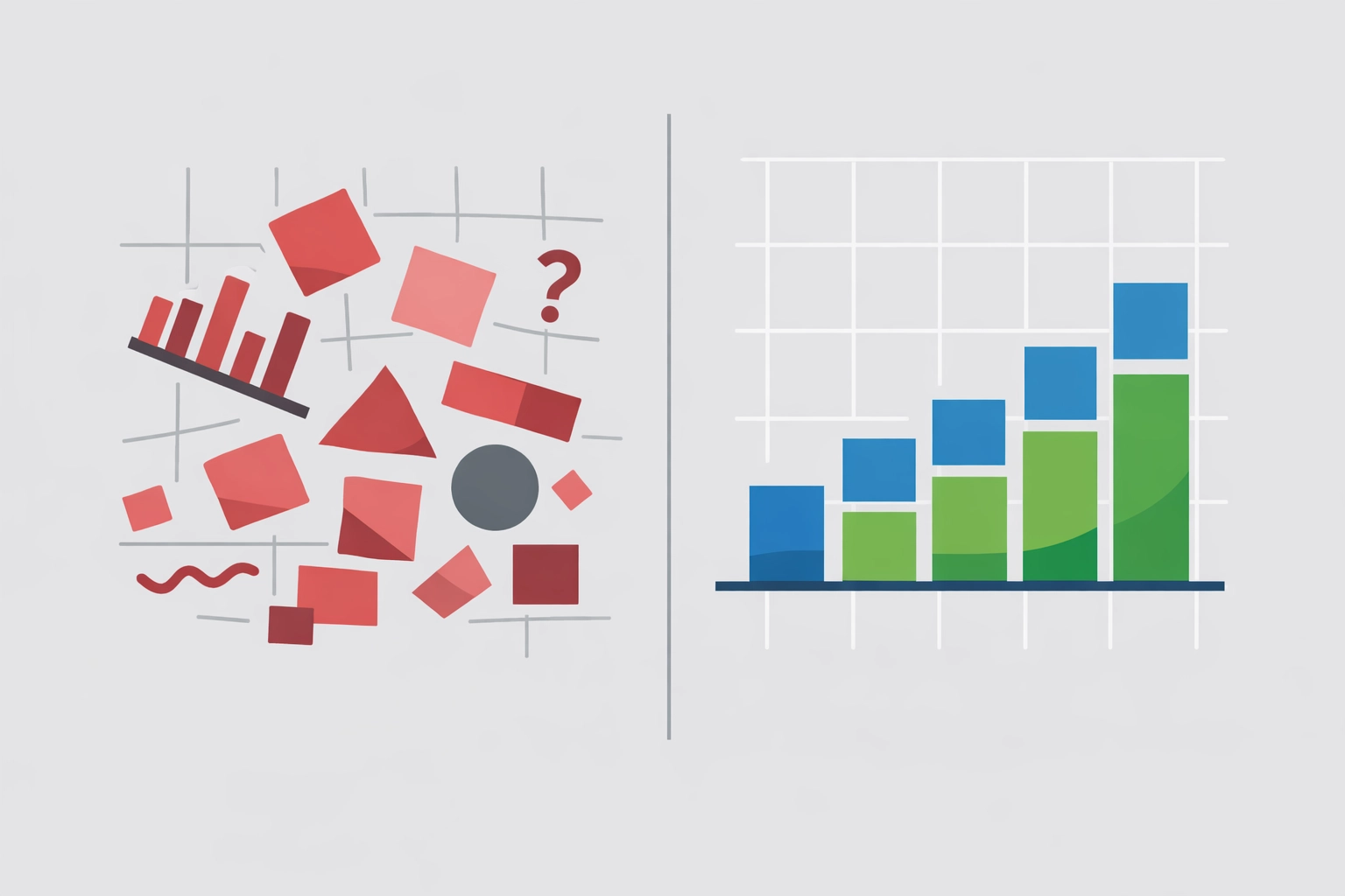 Comparison of poor data quality versus clean organized data in GA4 analytics