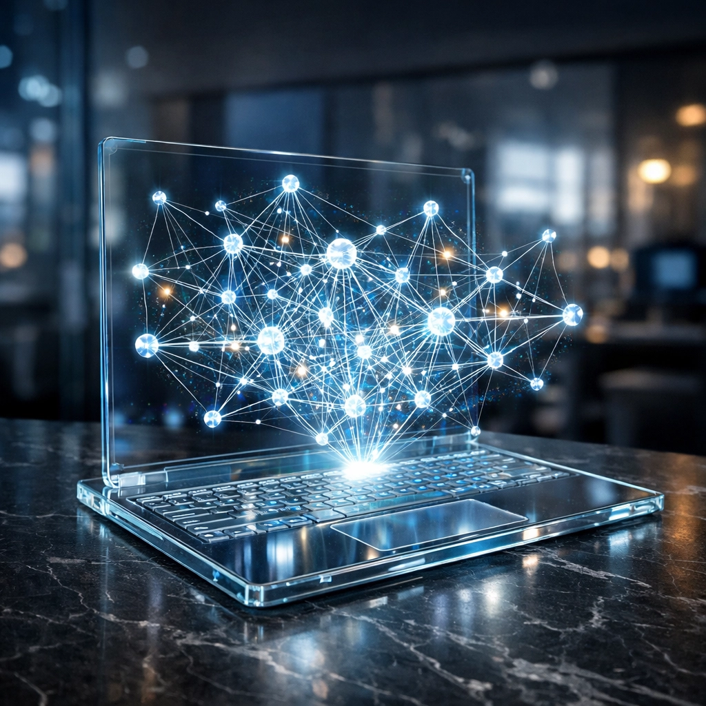 Glowing holographic neural network above a laptop representing AI-enhanced SEO and modern search engine logic.