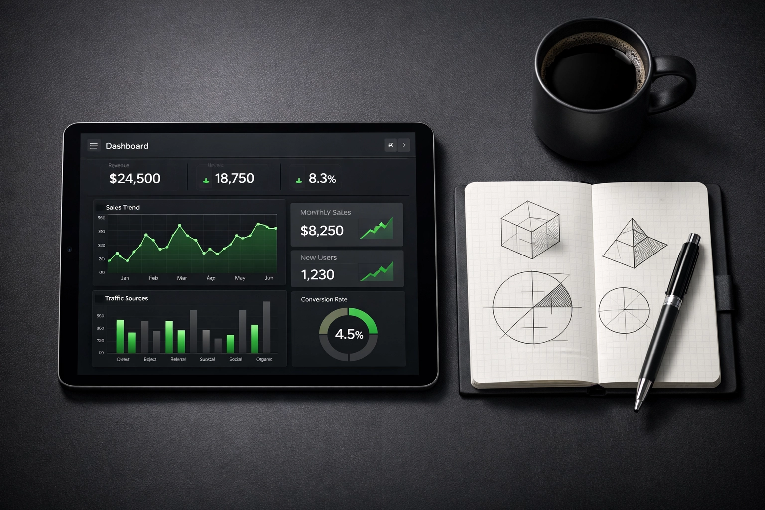 Betting strategy dashboard on tablet showing data analysis and performance tracking workspace