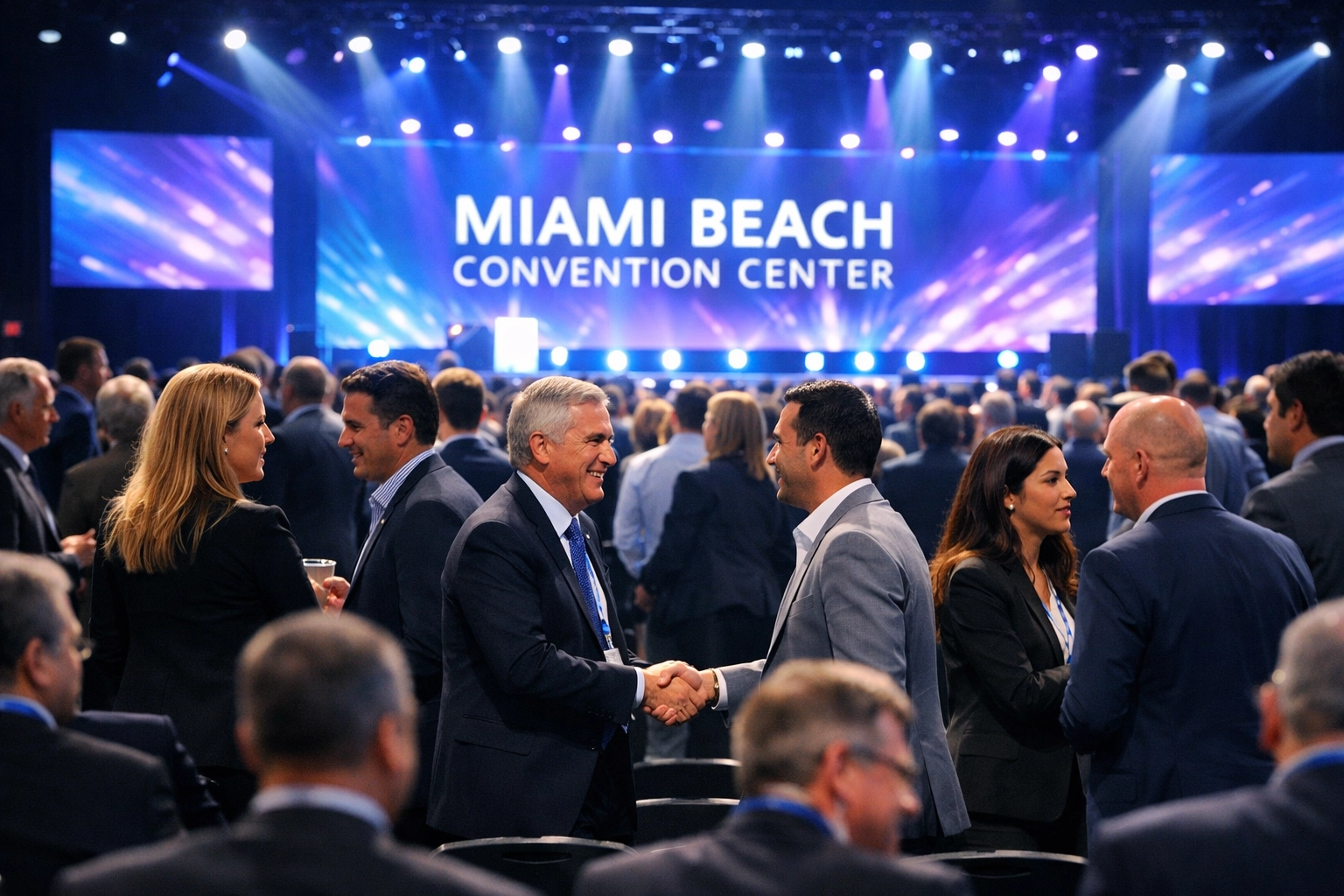 Corporate event photography capturing a large scale conference and networking at the Miami Beach Convention Center.