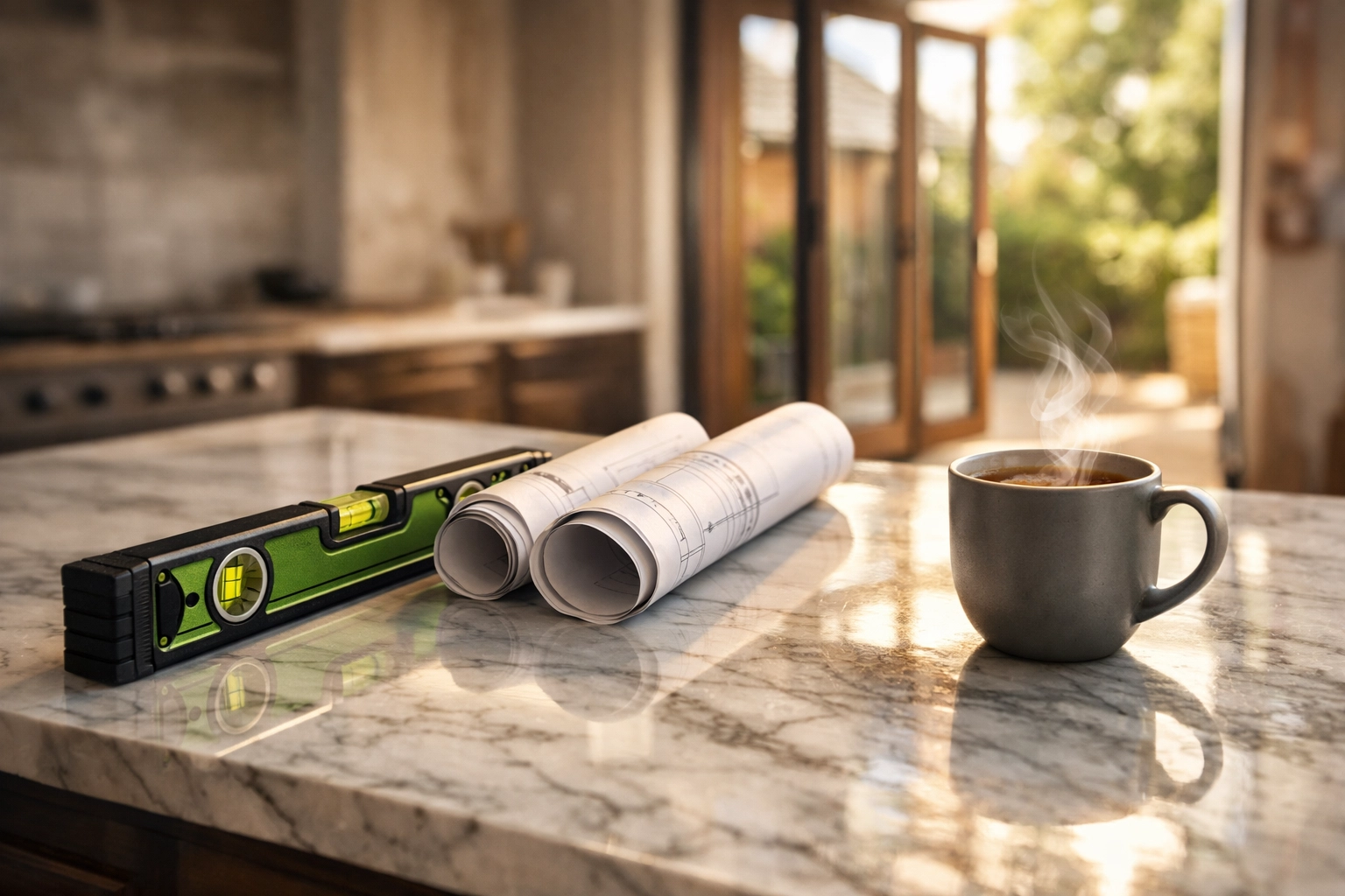 Luxury marble kitchen island with architectural blueprints after a successful West Sussex home remodel.