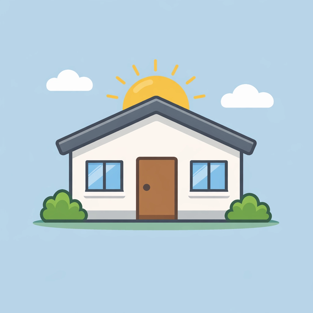 Casa moderna con sol naciente simbolizando el sueño cumplido de tener vivienda propia.