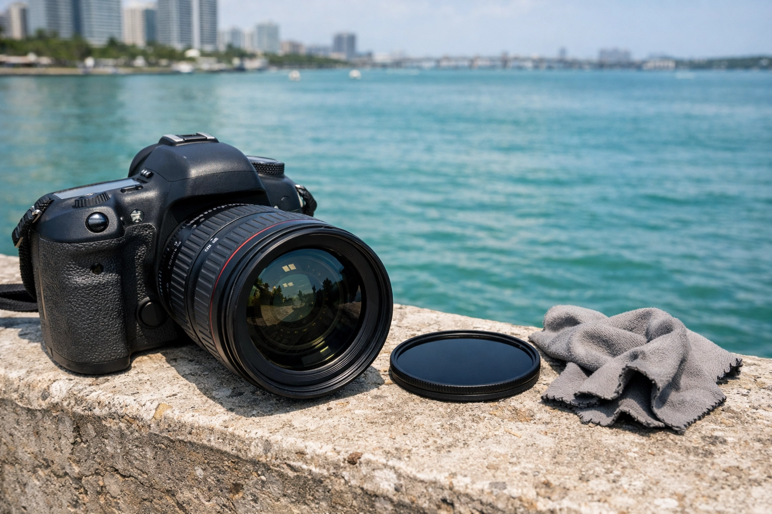 Wide angle camera lens and filters on a ledge, ready for shooting the best Miami photo spots.