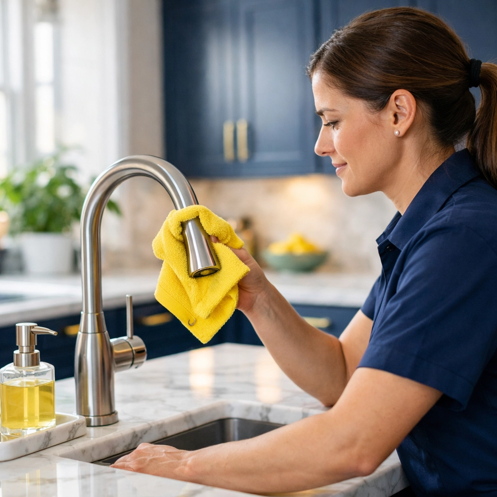 Professional cleaners Somerville MA polishing a luxury marble kitchen for a spotless finish.
