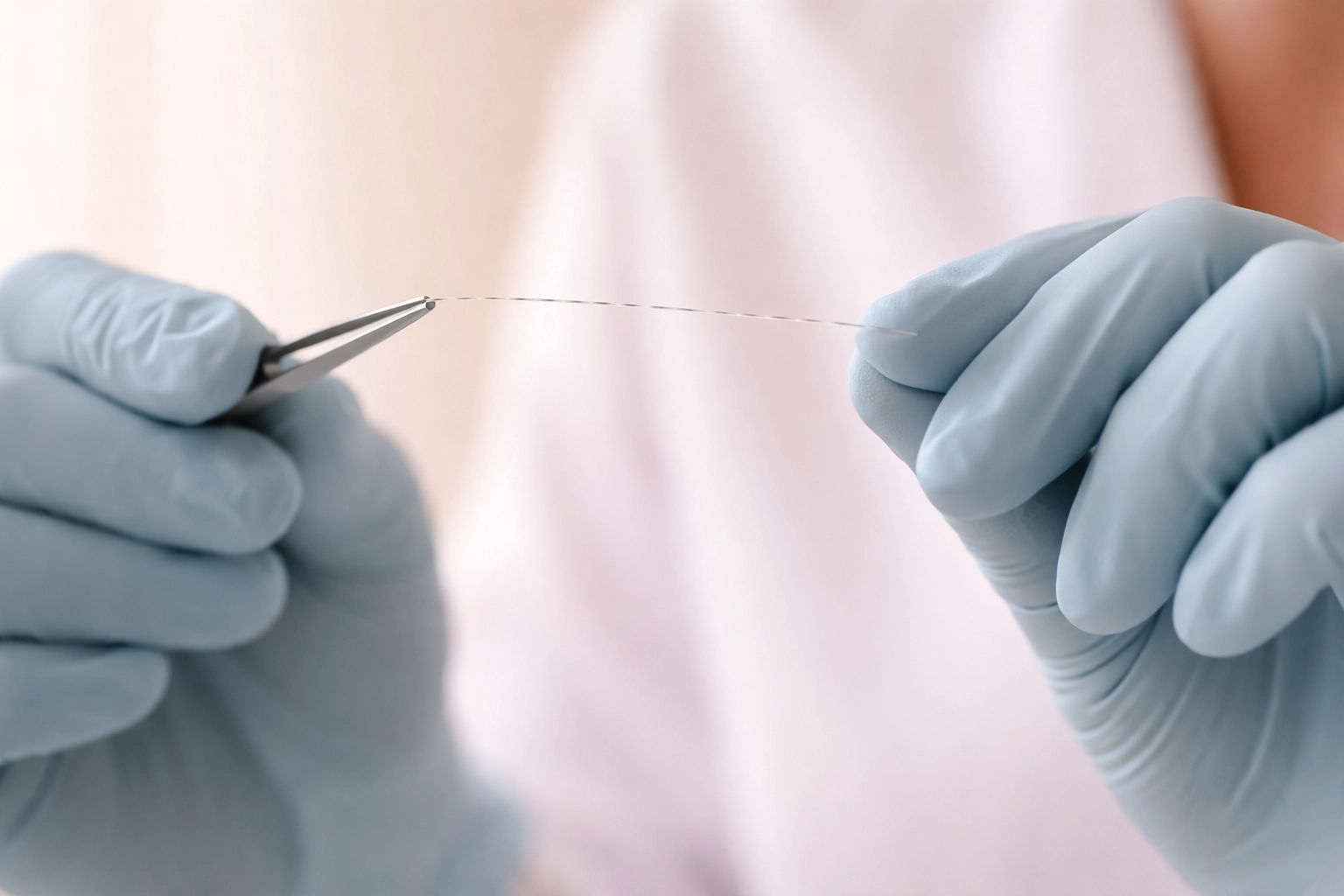 Close-up of a gloved professional holding a PDO thread for non-surgical facelifts at Bella Medica.