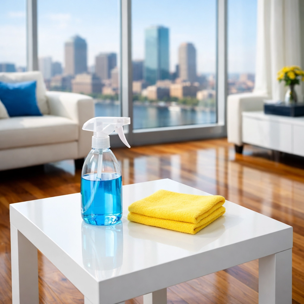 Eco-friendly apartment cleaning tools on a table in a bright Boston living room with polished wood floors.