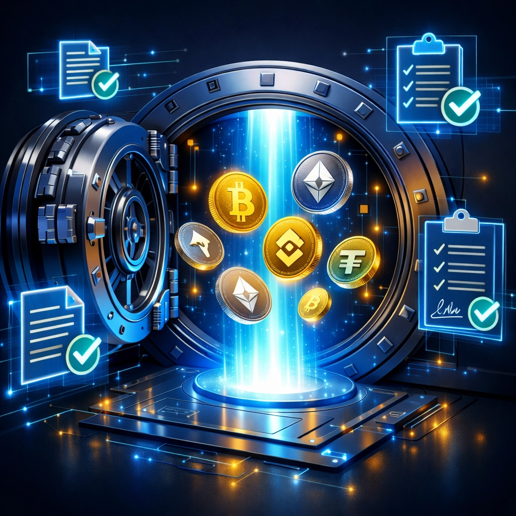 Digital vault with crypto coins and compliance checkmarks showing secure self-custody merchant processing