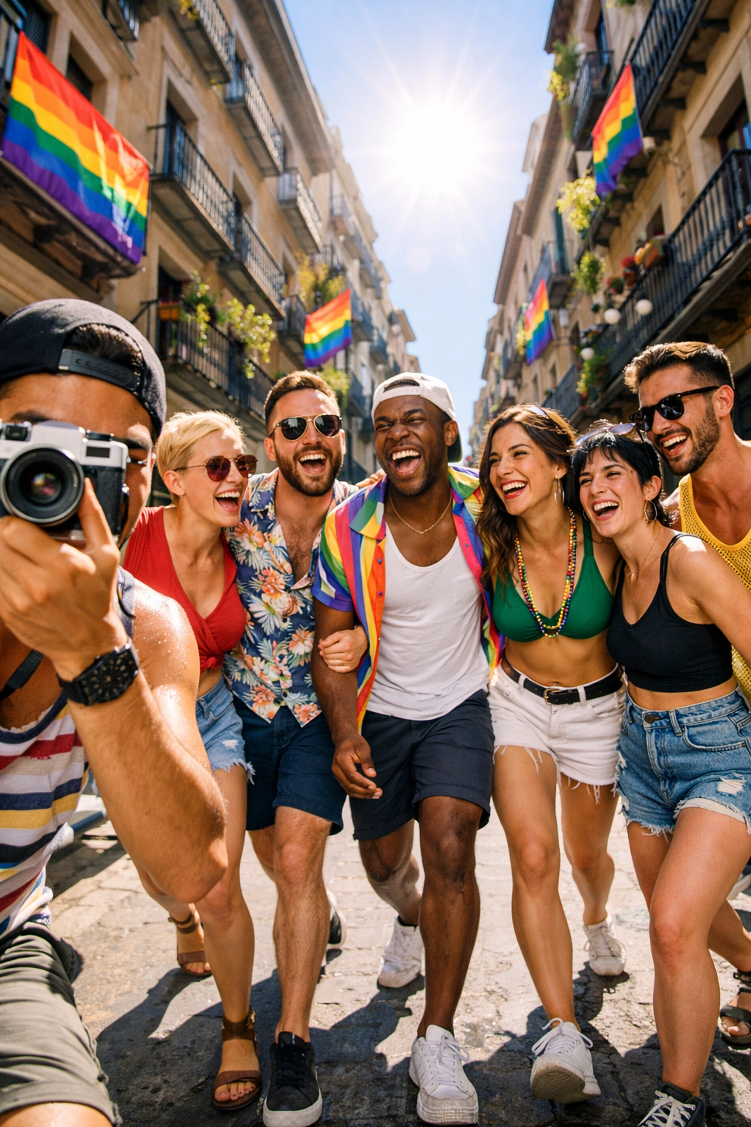 Diverse LGBTQ+ friends walking together through a sunlit city street with Pride flags hanging.