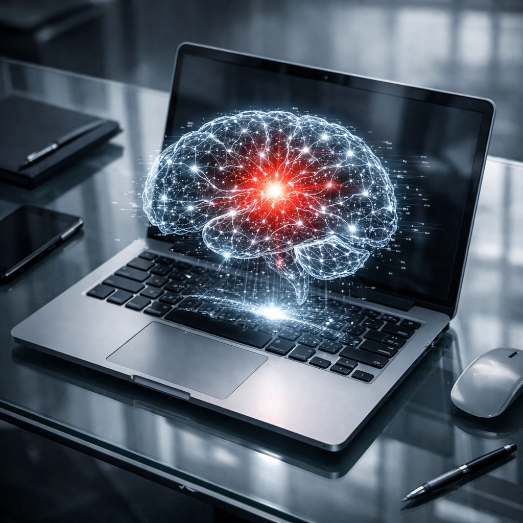 Laptop with a neural network visualization illustrating AI SEO optimization and search intent.