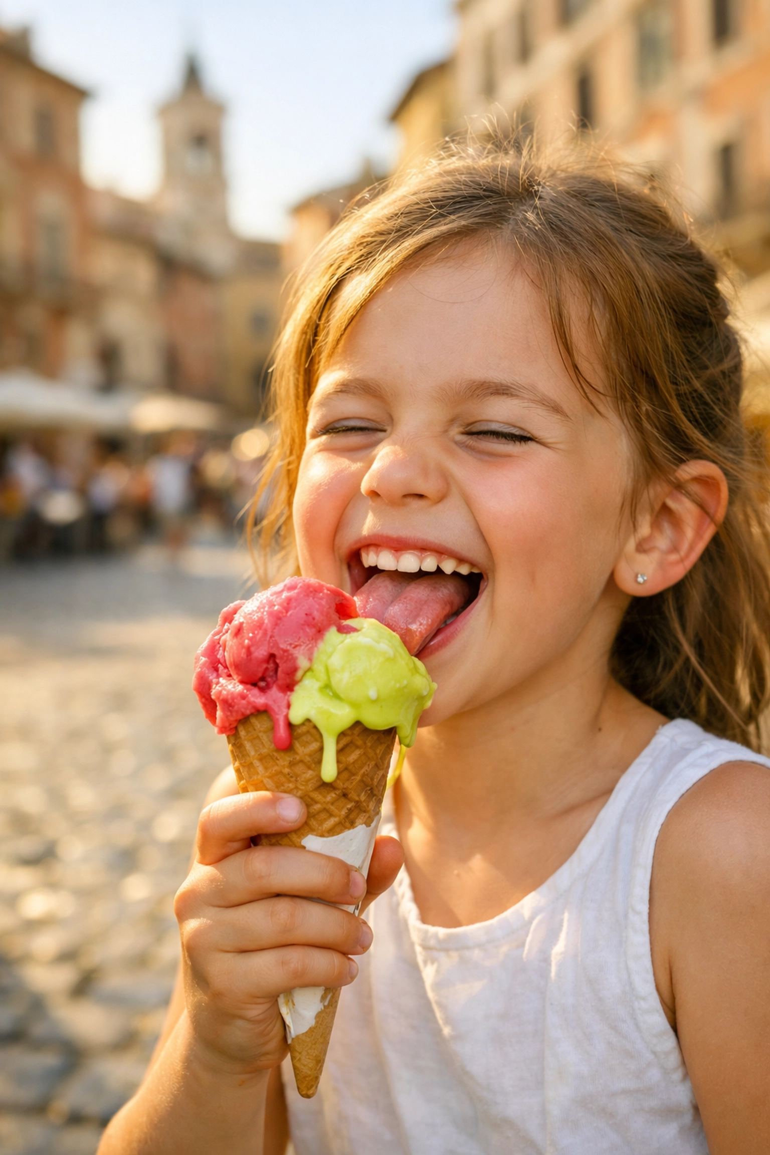 Candid photo of a girl laughing while tasting gelato during a family travel food review in Italy.