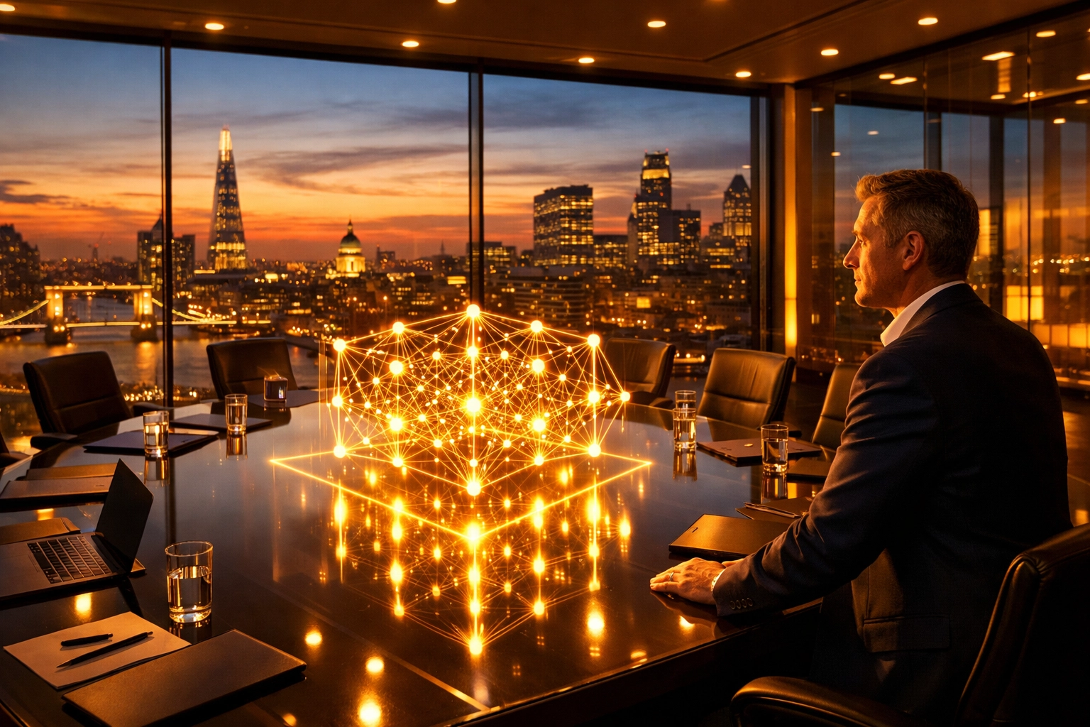 A tech CEO reviews a golden data governance network in a London boardroom to ensure AI compliance.