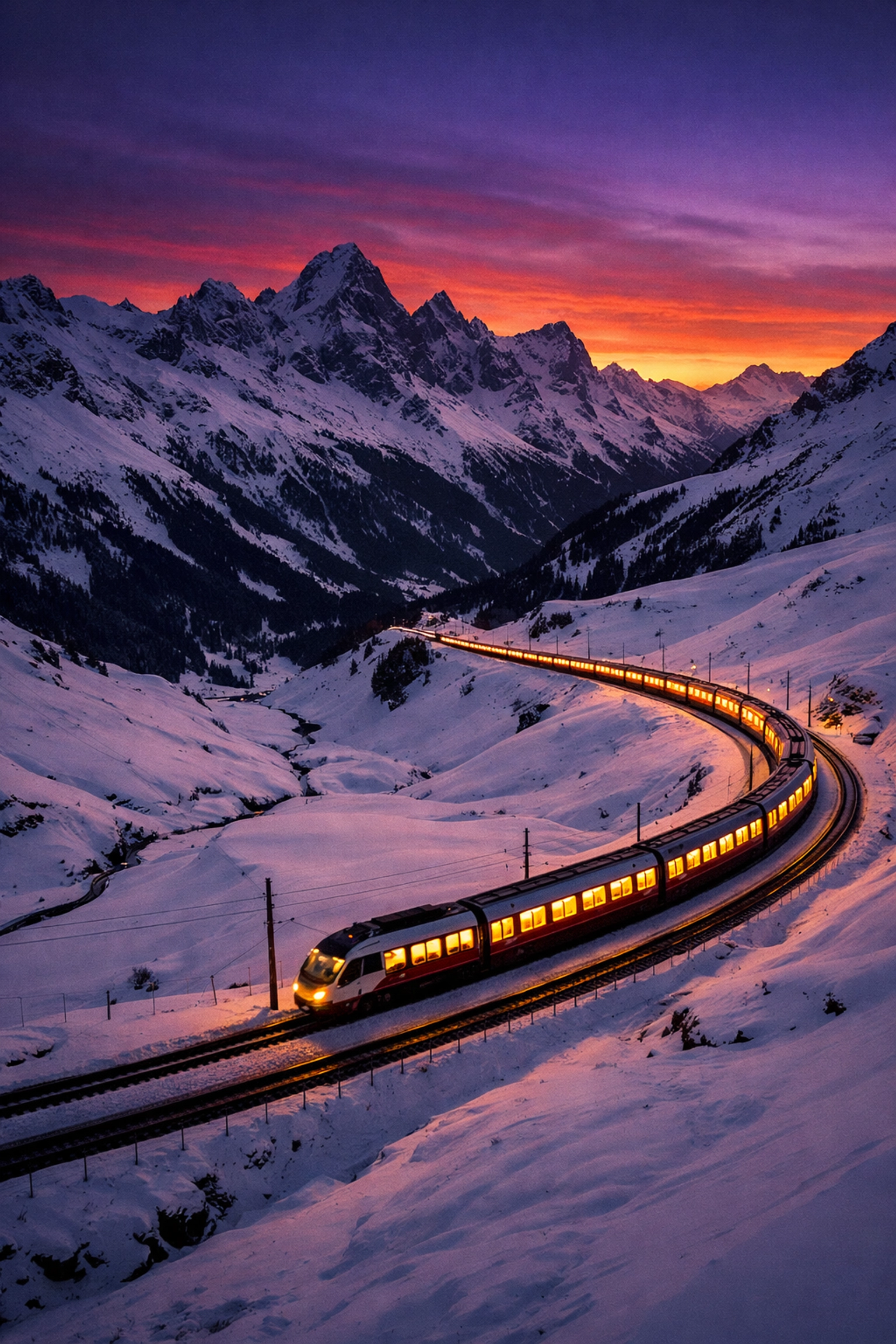 Scenic Swiss Alps train journey through snow-covered mountains at twilight