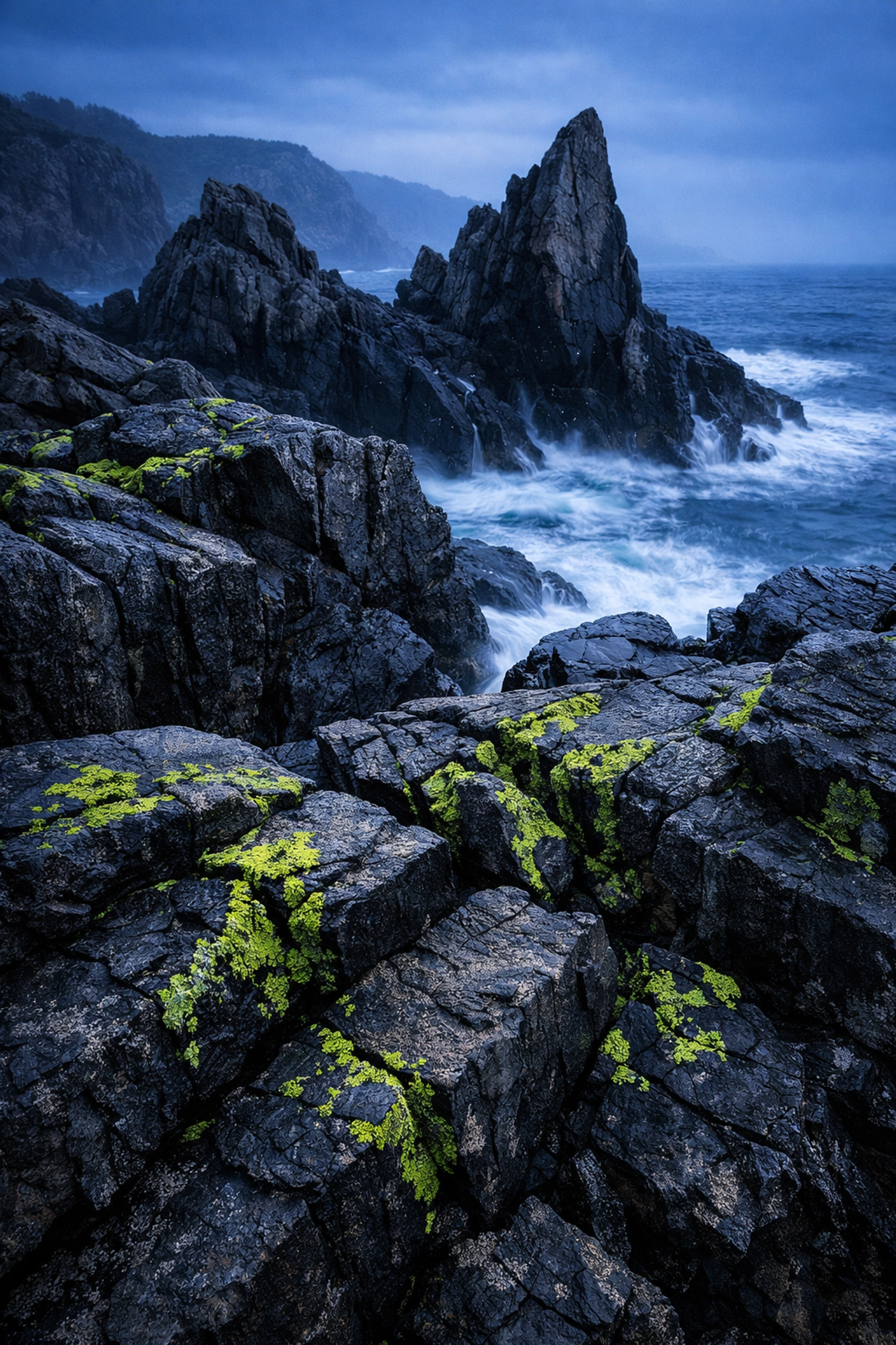Detailed landscape photography of coastal rocks and lichen with natural textures and no digital noise.