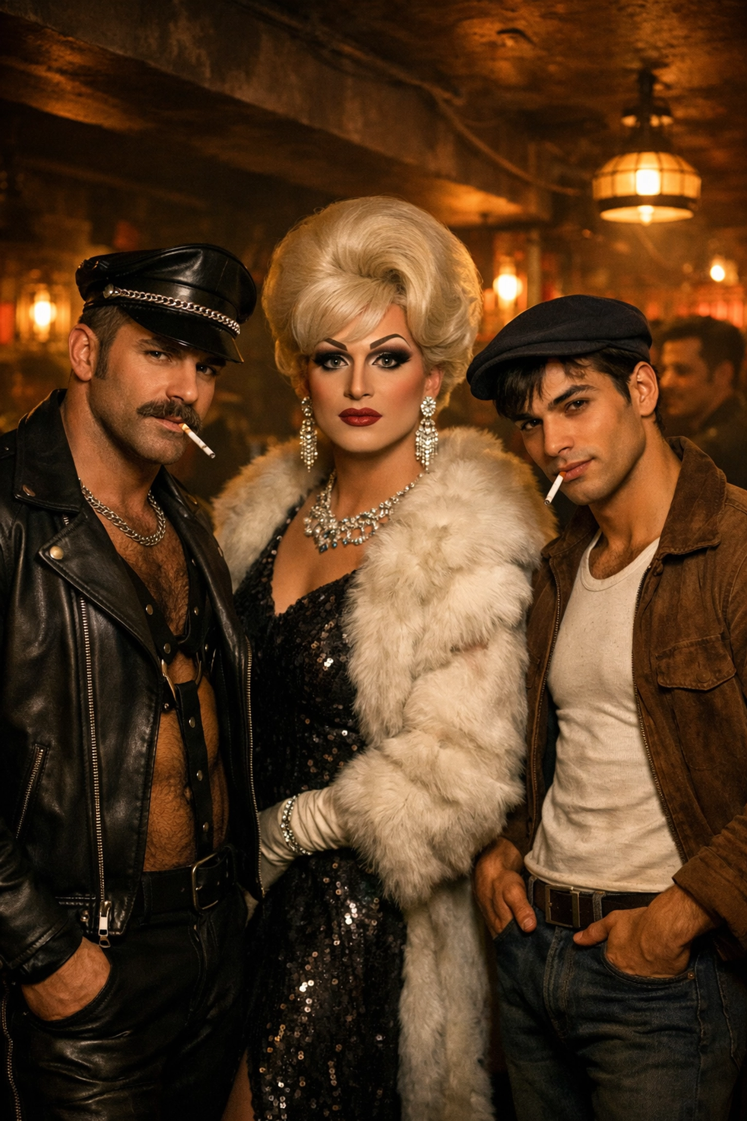 Diverse 1960s LGBTQ+ community: drag queen, hustler, and gay men in underground bar