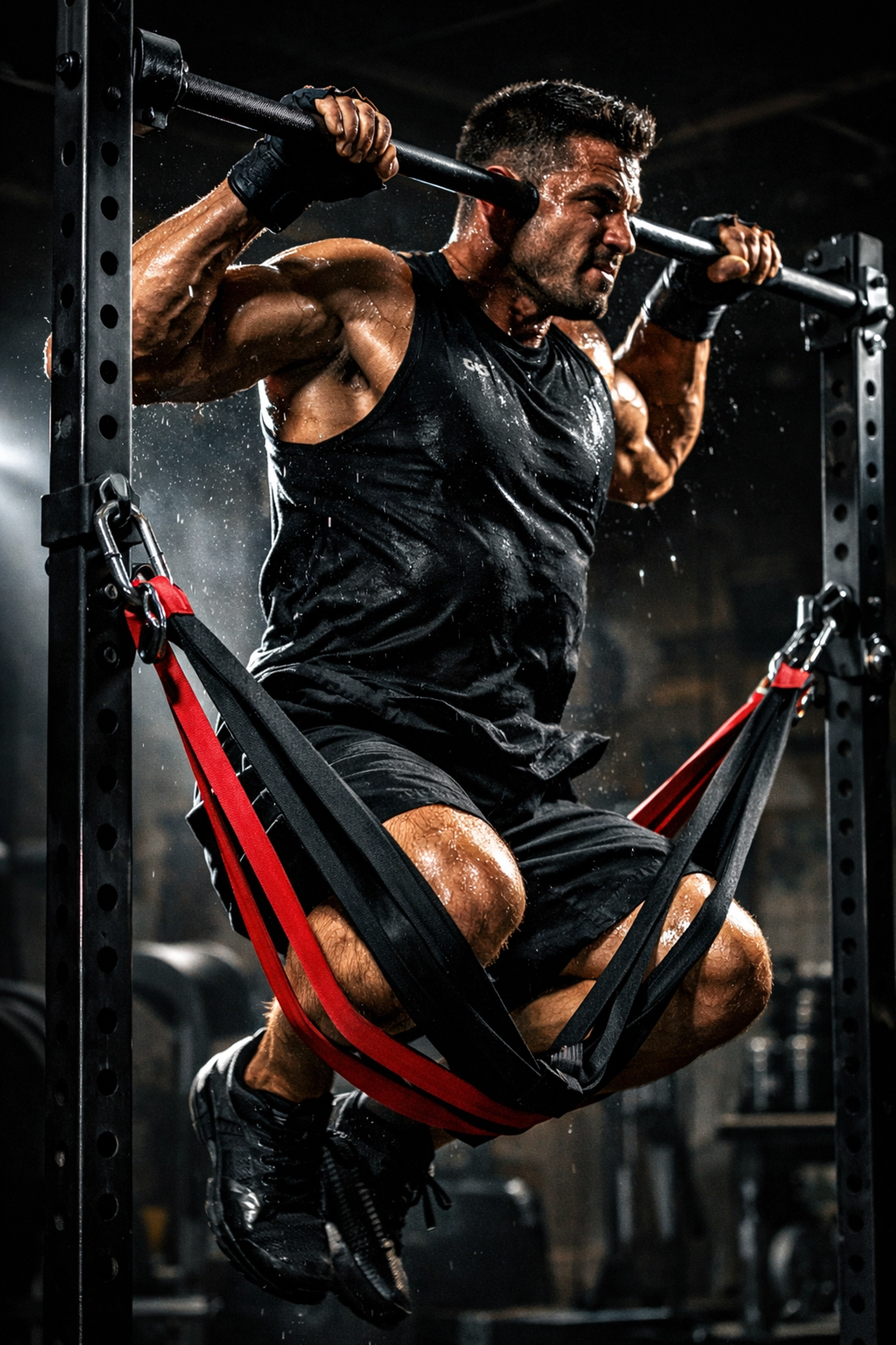 Athlete performing resistance training in a CrossFit home gym using a versatile workout rail.