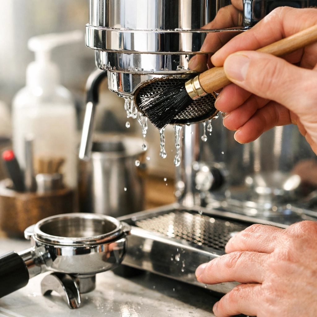 Barista performing espresso machine maintenance and cleaning before weekend rush
